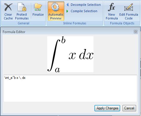 Updated Ribbon (above) and Formula Editor Dialog (below)